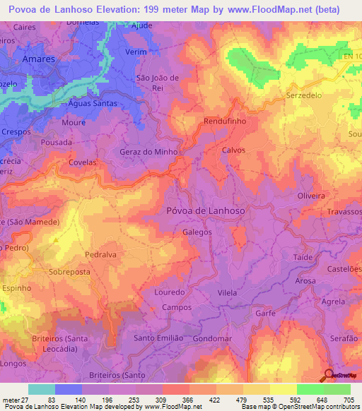 Povoa de Lanhoso,Portugal Elevation Map