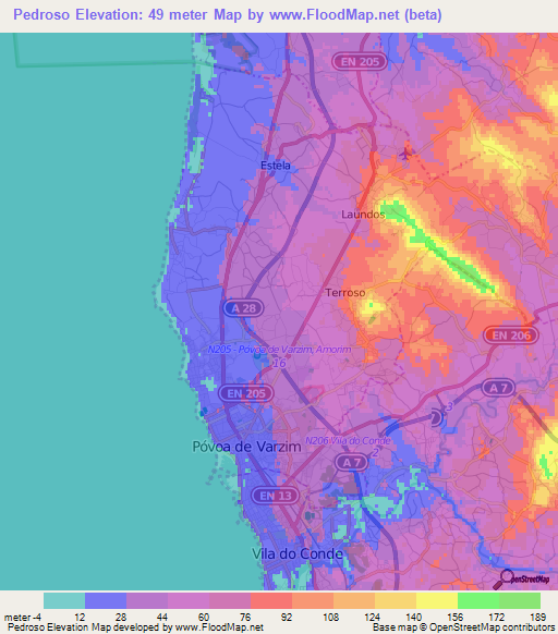 Pedroso,Portugal Elevation Map