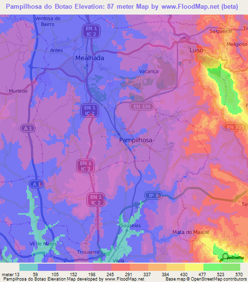 Pampilhosa do Botao,Portugal Elevation Map