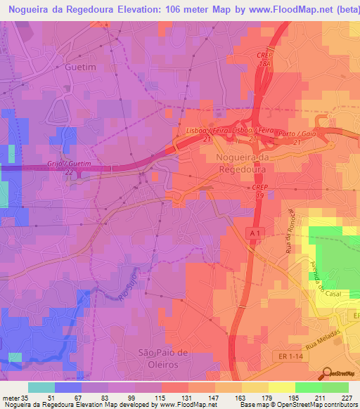 Nogueira da Regedoura,Portugal Elevation Map