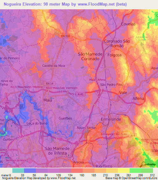 Nogueira,Portugal Elevation Map