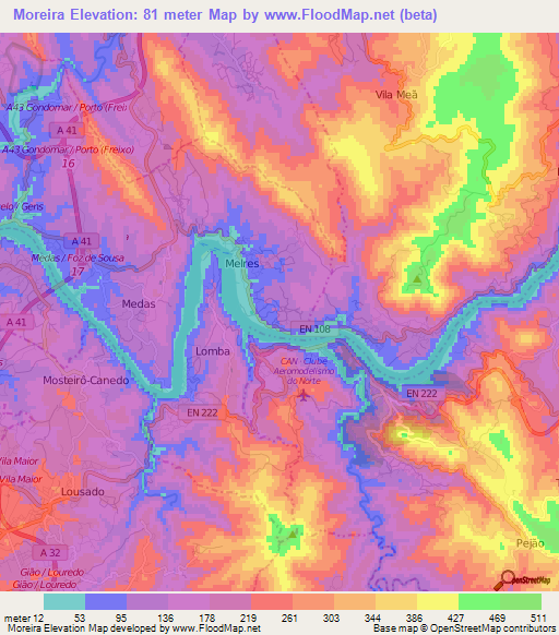 Moreira,Portugal Elevation Map