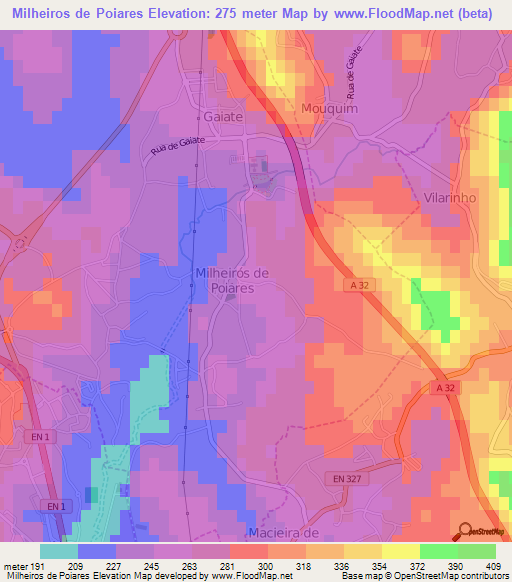 Milheiros de Poiares,Portugal Elevation Map