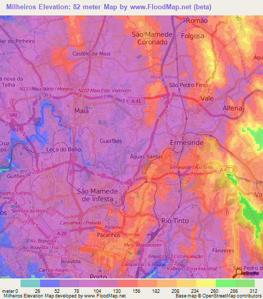 Milheiros,Portugal Elevation Map