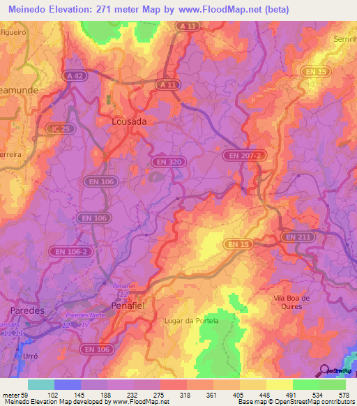 Meinedo,Portugal Elevation Map