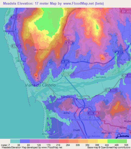 Meadela,Portugal Elevation Map