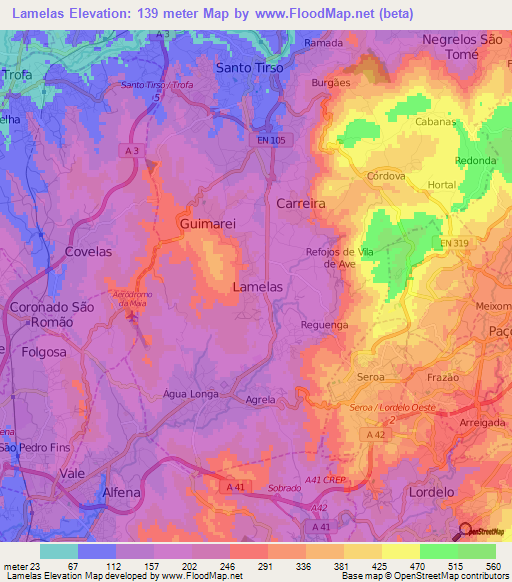 Lamelas,Portugal Elevation Map