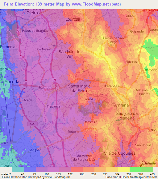 Feira,Portugal Elevation Map