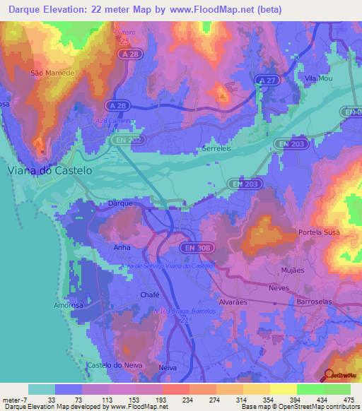 Darque,Portugal Elevation Map
