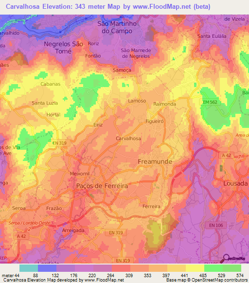 Carvalhosa,Portugal Elevation Map