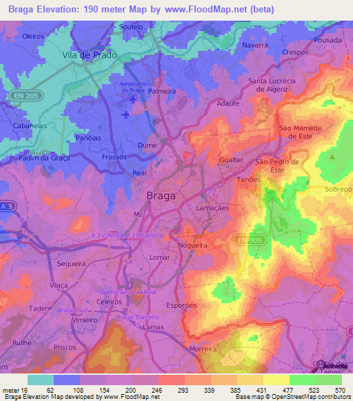 Braga,Portugal Elevation Map
