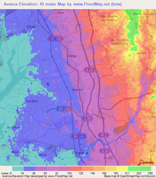 Avanca,Portugal Elevation Map
