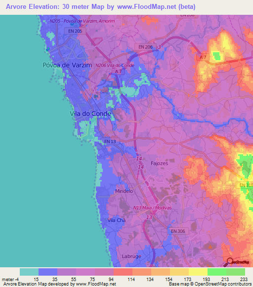 Arvore,Portugal Elevation Map