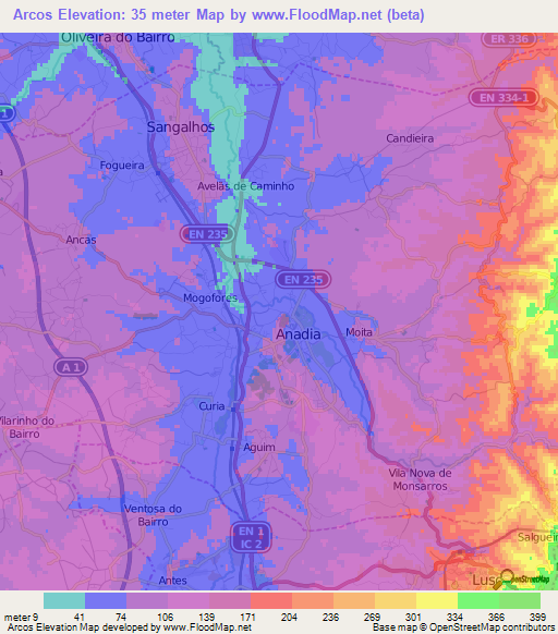 Arcos,Portugal Elevation Map
