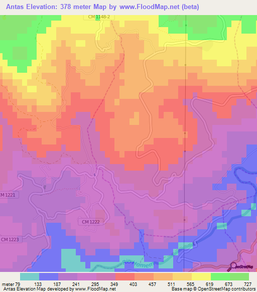 Antas,Portugal Elevation Map