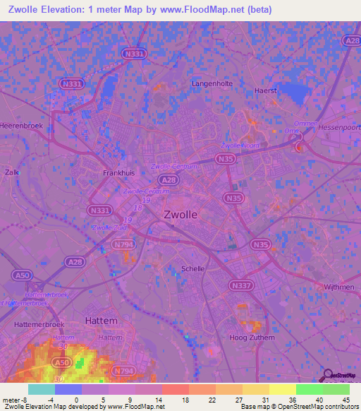 Zwolle,Netherlands Elevation Map