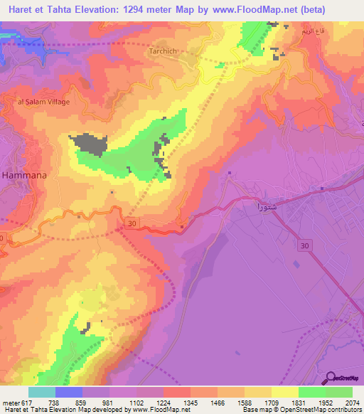 Haret et Tahta,Lebanon Elevation Map