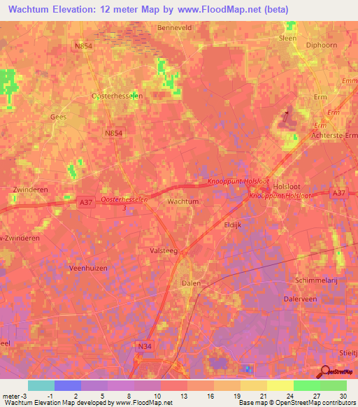 Wachtum,Netherlands Elevation Map