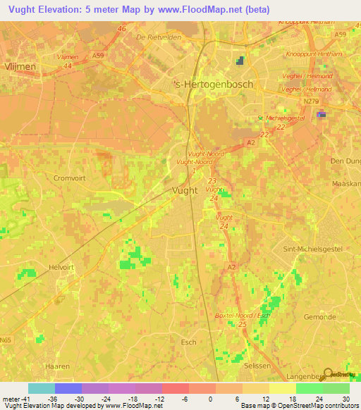 Vught,Netherlands Elevation Map
