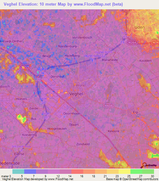 Veghel,Netherlands Elevation Map