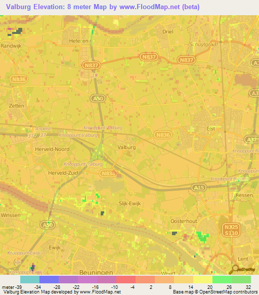 Valburg,Netherlands Elevation Map