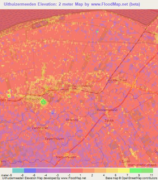 Uithuizermeeden,Netherlands Elevation Map