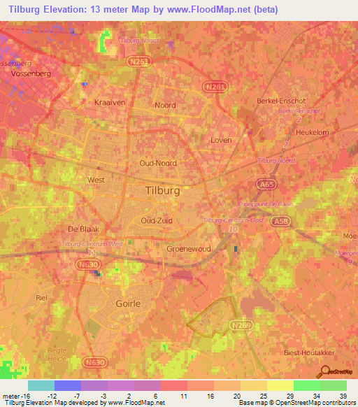 Tilburg,Netherlands Elevation Map