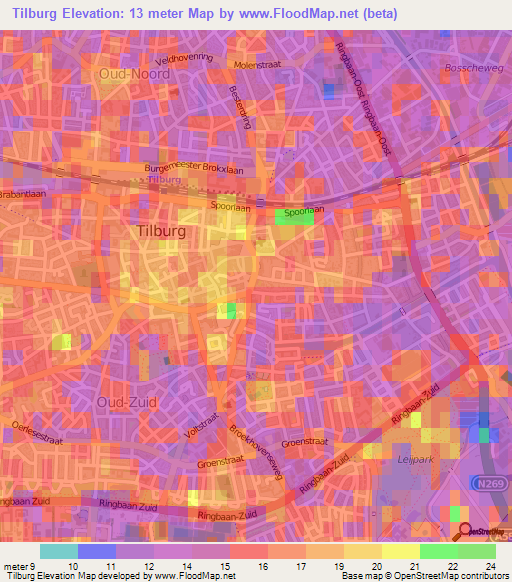 Tilburg,Netherlands Elevation Map
