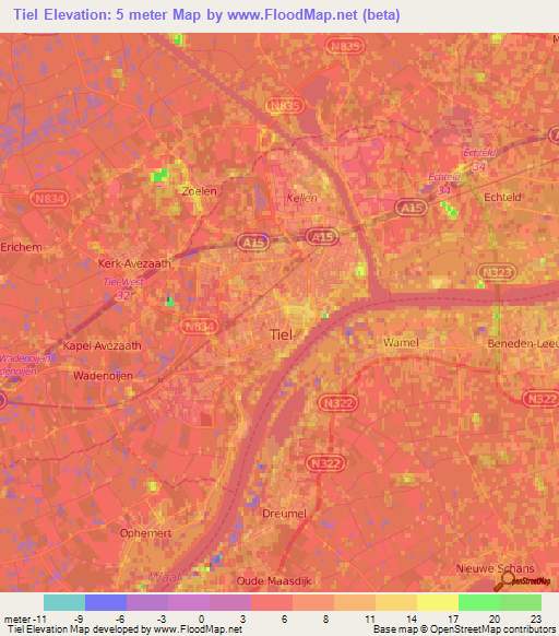 Tiel,Netherlands Elevation Map