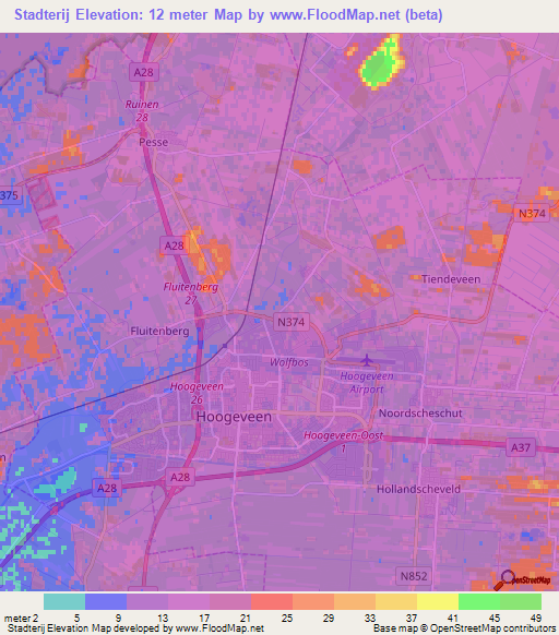 Stadterij,Netherlands Elevation Map