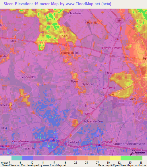 Sleen,Netherlands Elevation Map