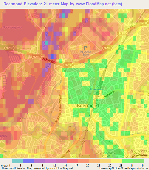 Roermond,Netherlands Elevation Map