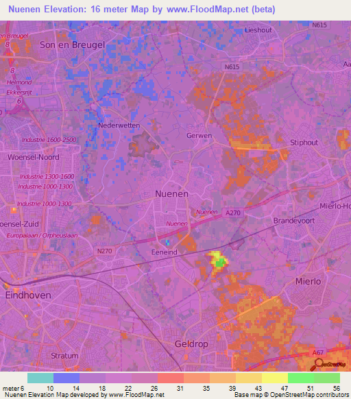 Nuenen,Netherlands Elevation Map