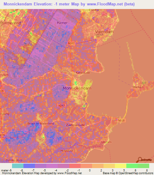 Monnickendam,Netherlands Elevation Map