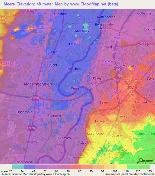 Meers,Netherlands Elevation Map