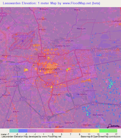 Leeuwarden,Netherlands Elevation Map