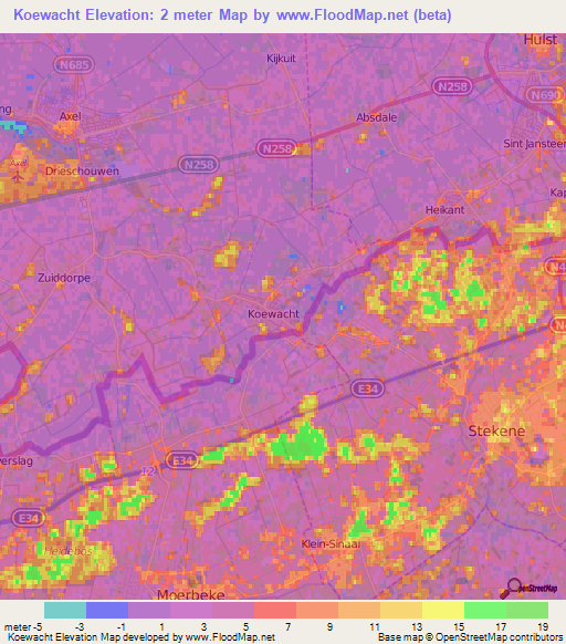 Koewacht,Netherlands Elevation Map