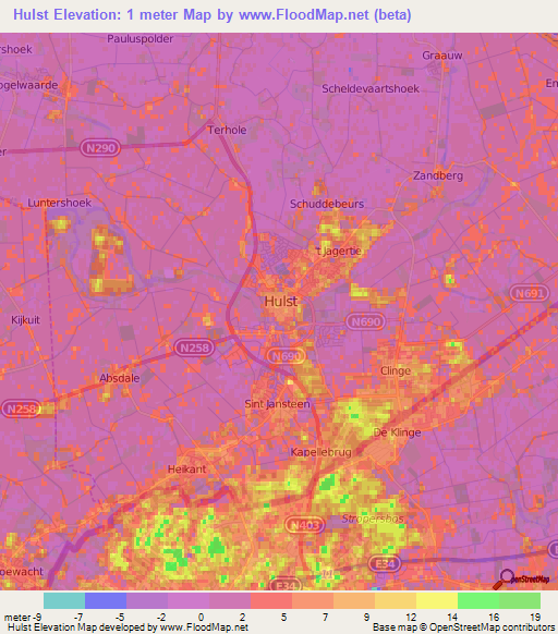 Hulst,Netherlands Elevation Map
