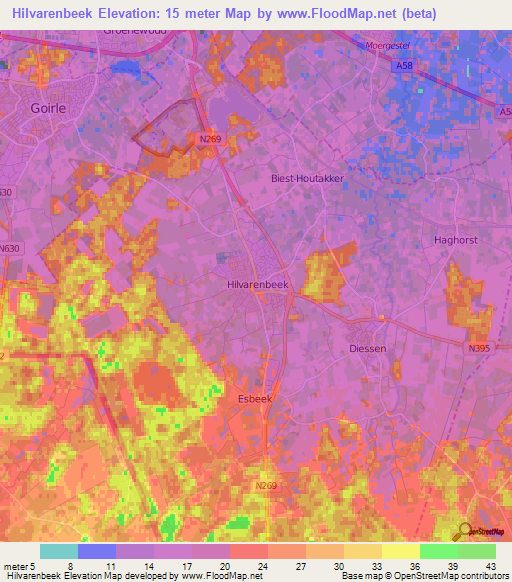 Hilvarenbeek,Netherlands Elevation Map