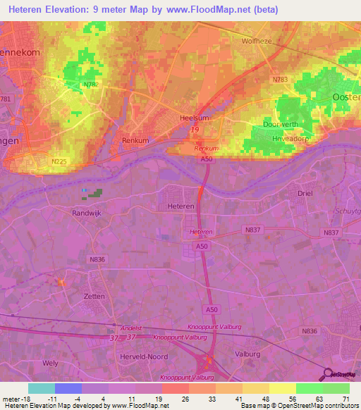 Heteren,Netherlands Elevation Map