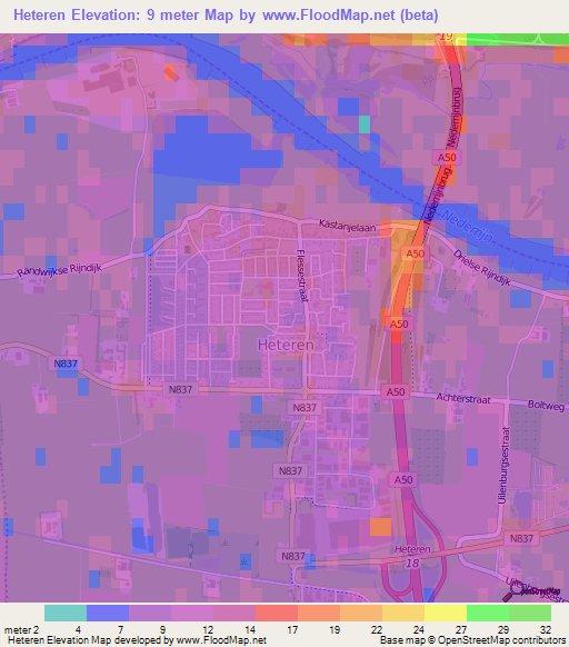 Heteren,Netherlands Elevation Map