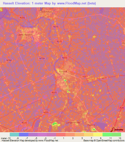 Hasselt,Netherlands Elevation Map