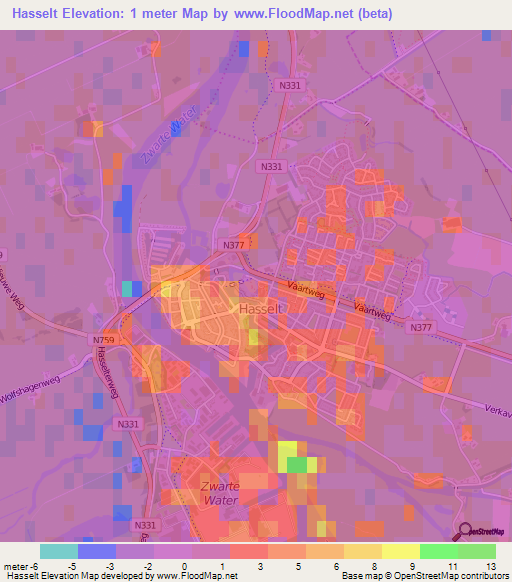 Hasselt,Netherlands Elevation Map