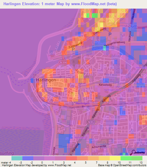 Harlingen,Netherlands Elevation Map
