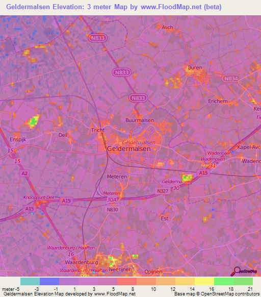 Geldermalsen,Netherlands Elevation Map