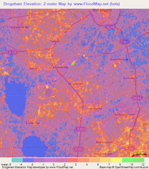 Drogeham,Netherlands Elevation Map