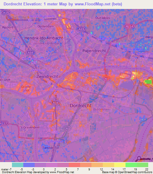 Dordrecht,Netherlands Elevation Map