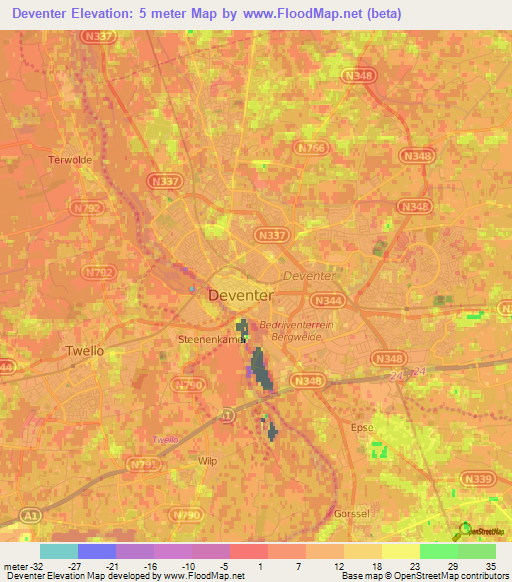Deventer,Netherlands Elevation Map