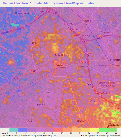 Delden,Netherlands Elevation Map