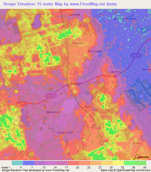 Borger,Netherlands Elevation Map